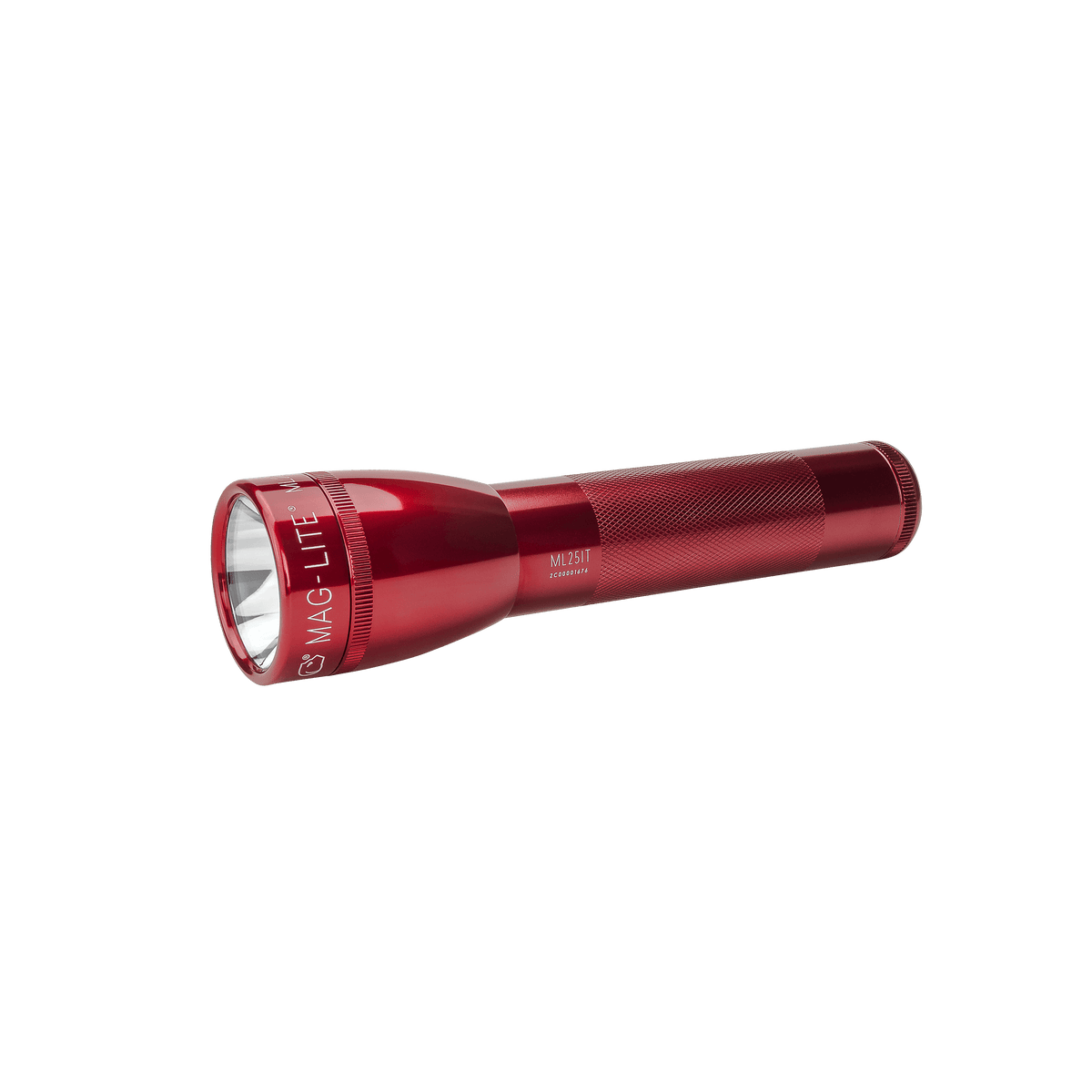 Red Maglite ML25IT Classic 2C flashlight shown from the side with knurled grip and lens