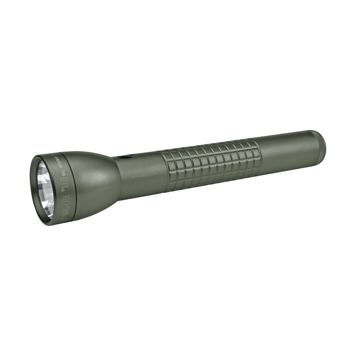 Olive gray Maglite ML300LX LED 3D flashlight side view with knurled grip tail end
