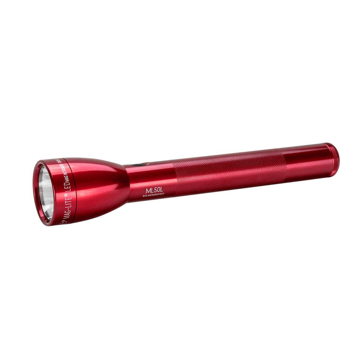 Red Maglite ML50L LED 3C flashlight angled across the frame with knurled grip