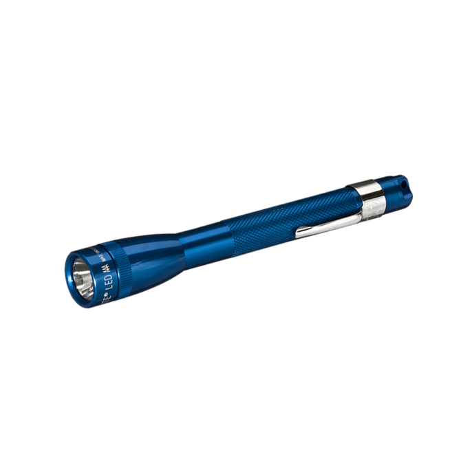 Blue Mini Maglite LED AAA flashlight with knurled body and pocket clip