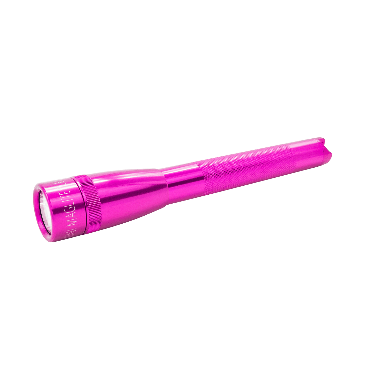 Pastel pink Mini Maglite Pro LED flashlight with knurled grip positioned diagonally across a black background