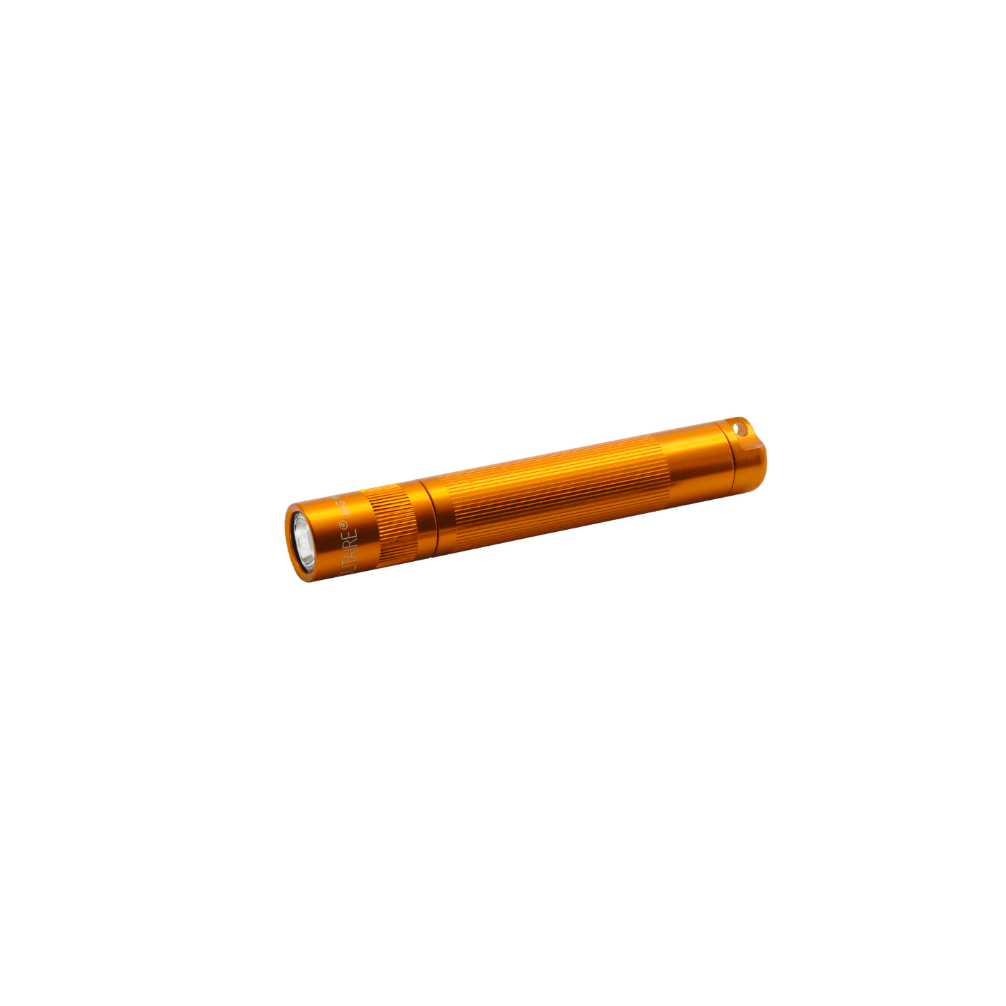 Orange Solitaire Classic Flashlight with knurled grip lying diagonally in the frame