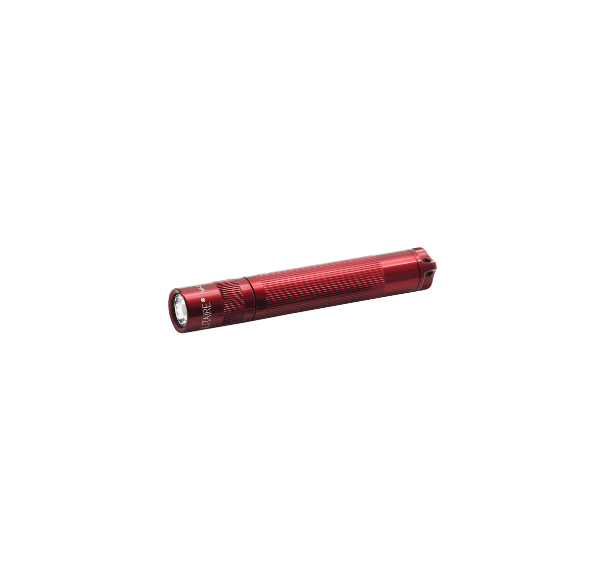 Red compact Solitaire LED flashlight diagonally on a black background