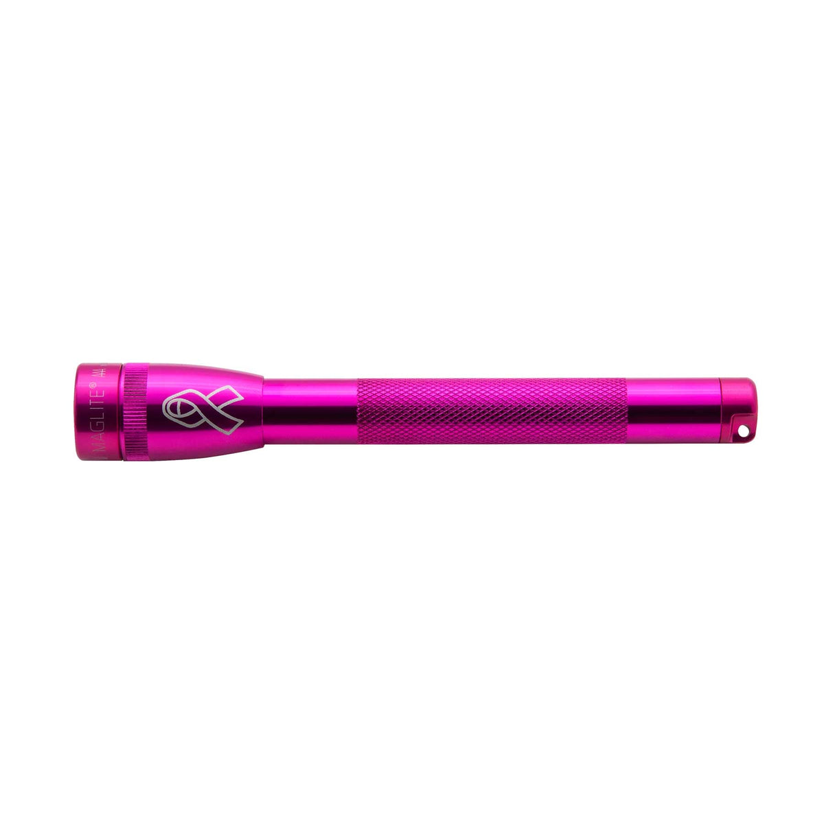 Pink Maglite flashlight with knurled grip shown horizontally on a white background