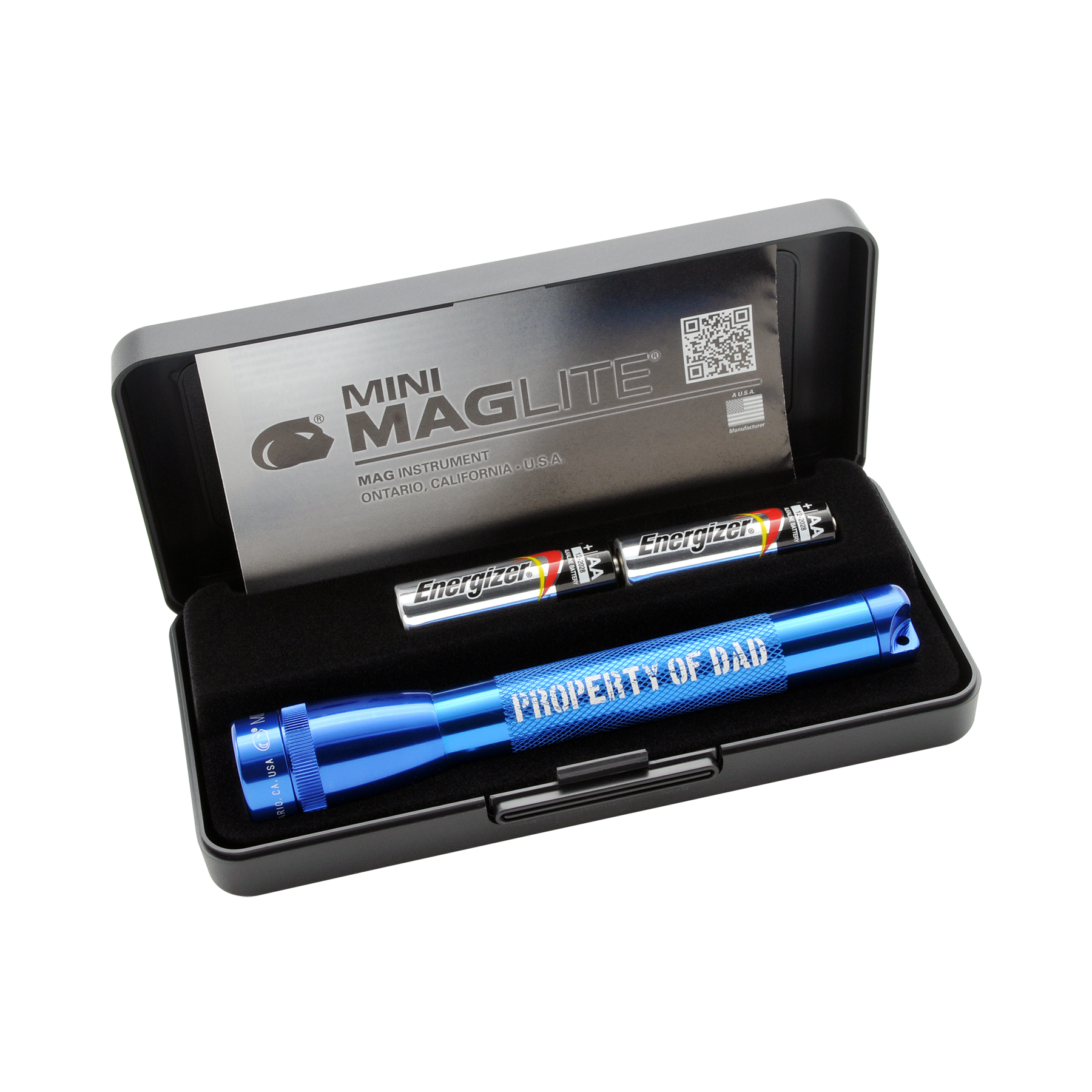 Maglite Mini Xenon 2AA Blue Engraved Property Of Dad