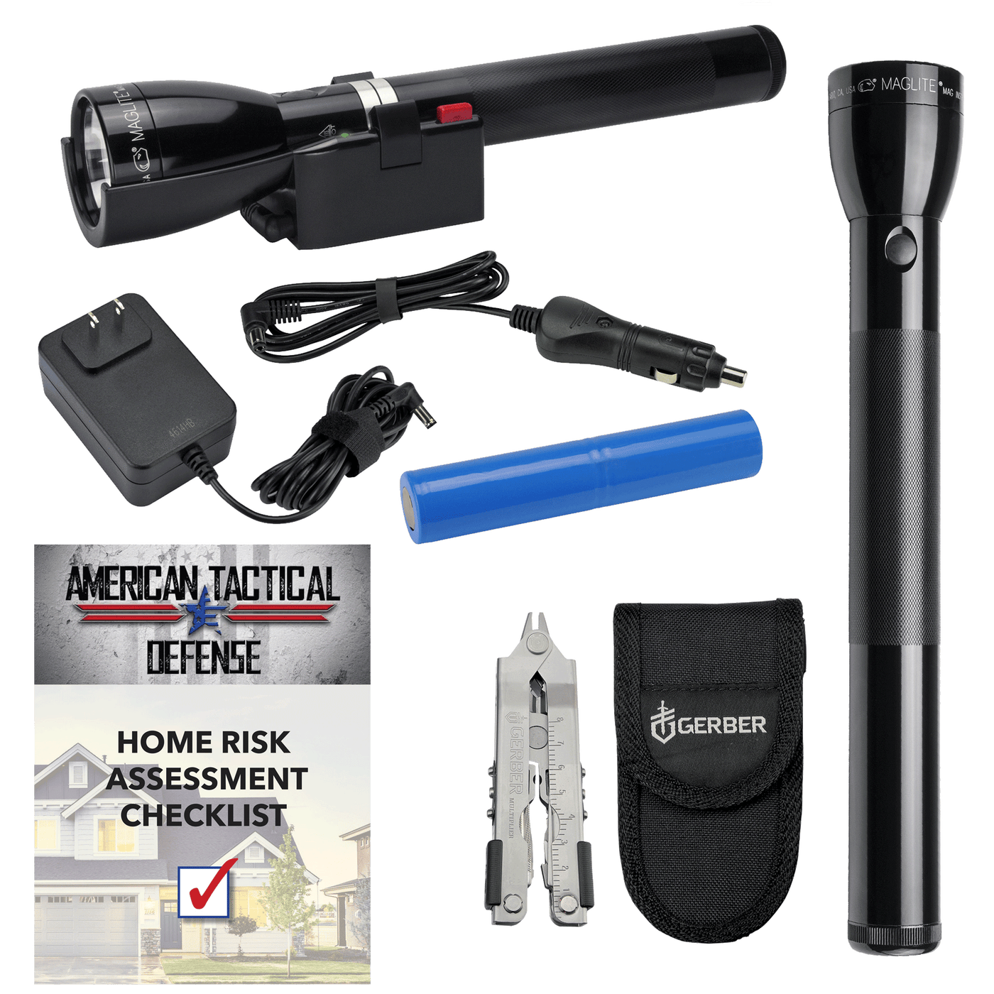 One black Maglite ML150LR LED Rechargeable Flashlight. System includes: charging cradle, 120V wall converter (home), and 12v DC adapter (auto), a Maglite ML300L 4 D-Cell LED Flashlight, A Gerber Multi-Tool with carrying case, and a Home Risk Assessment Checklist.  The bundle also includes a free Home Risk Assessment Checklist published by American Tactical Defense. 