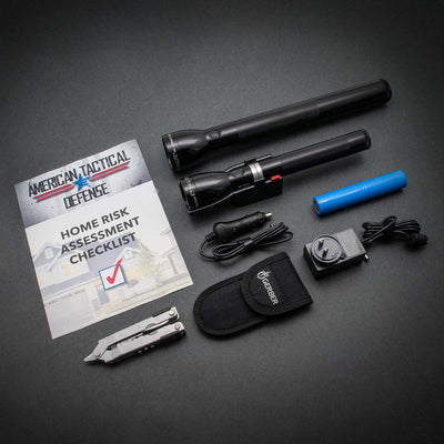 One black Maglite ML150LR LED Rechargeable Flashlight. System includes: charging cradle, 120V wall converter (home), and 12v DC adapter (auto), a Maglite ML300L 4 D-Cell LED Flashlight, A Gerber Multi-Tool with carrying case, and a Home Risk Assessment Checklist. The bundle also includes a free Home Risk Assessment Checklist published by American Tactical Defense.