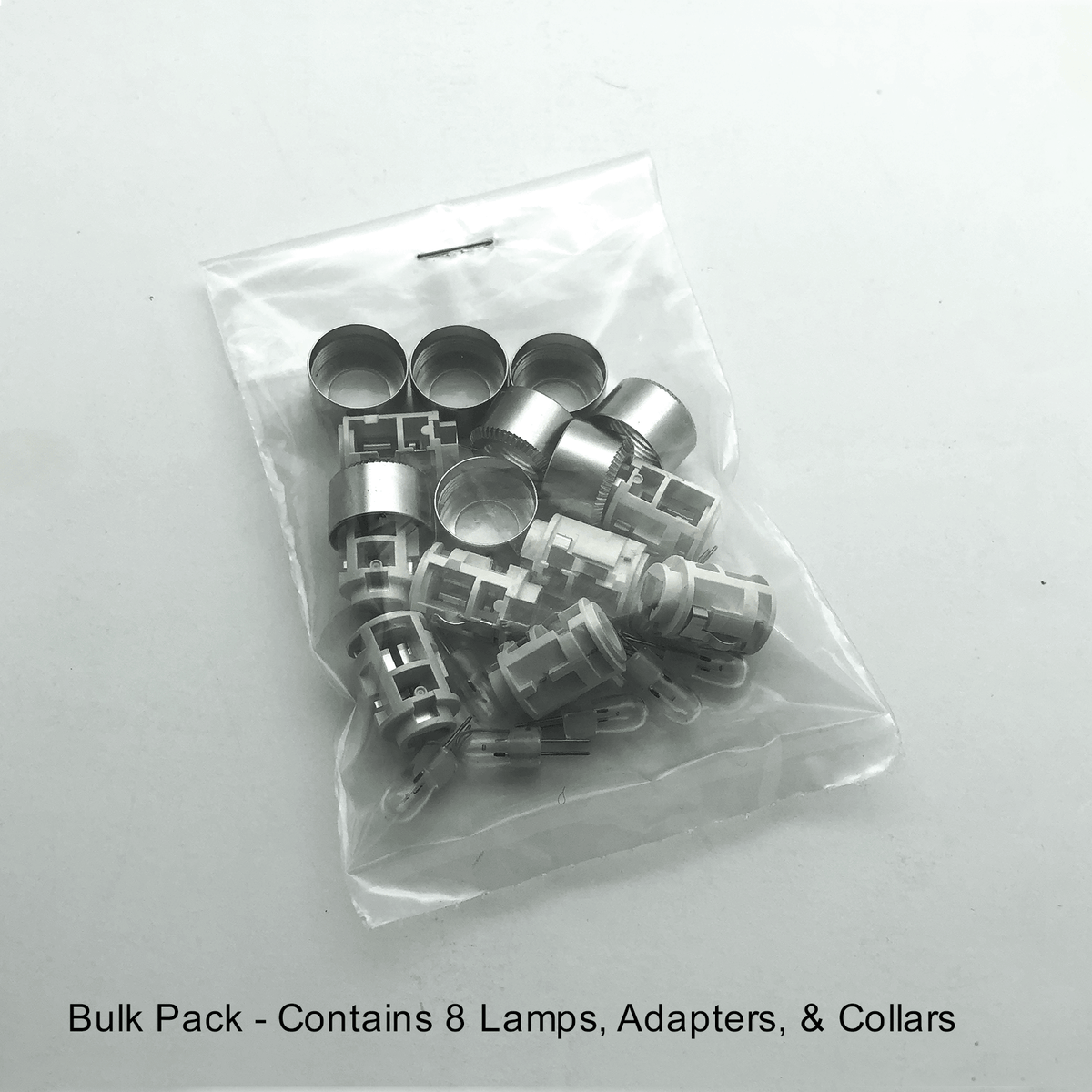 Plastic bag bulk pack containing eight Maglite replacement lamp bulbs adapters and collars for 3 cell C and D flashlights