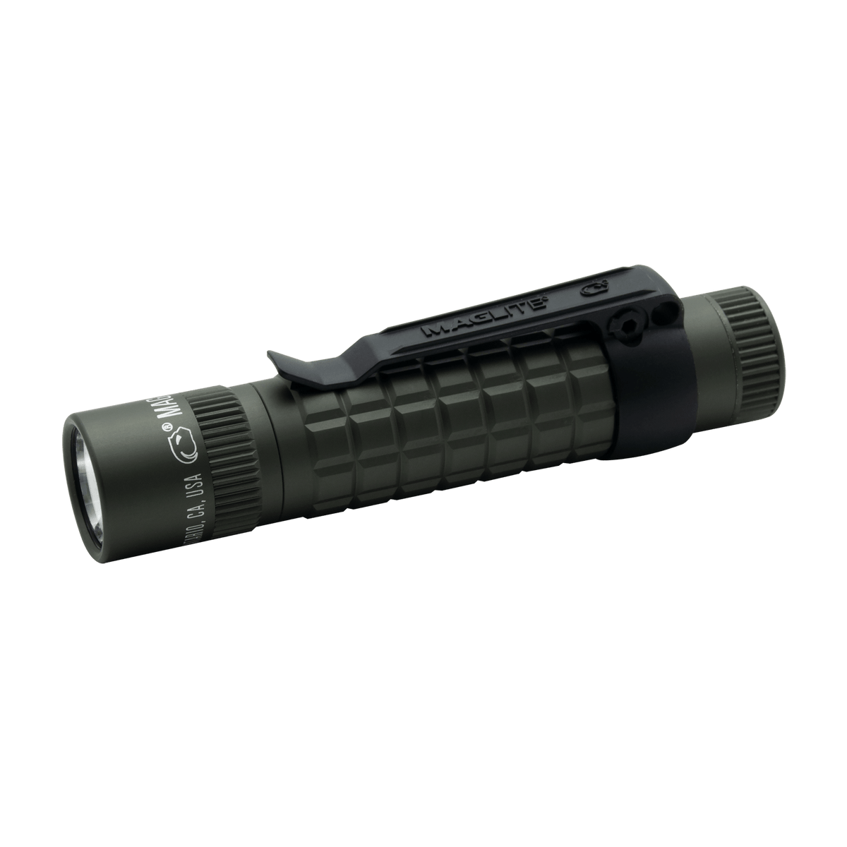 Olive drab Maglite MAG-TAC CR123 LED flashlight with plain bezel and belt clip
