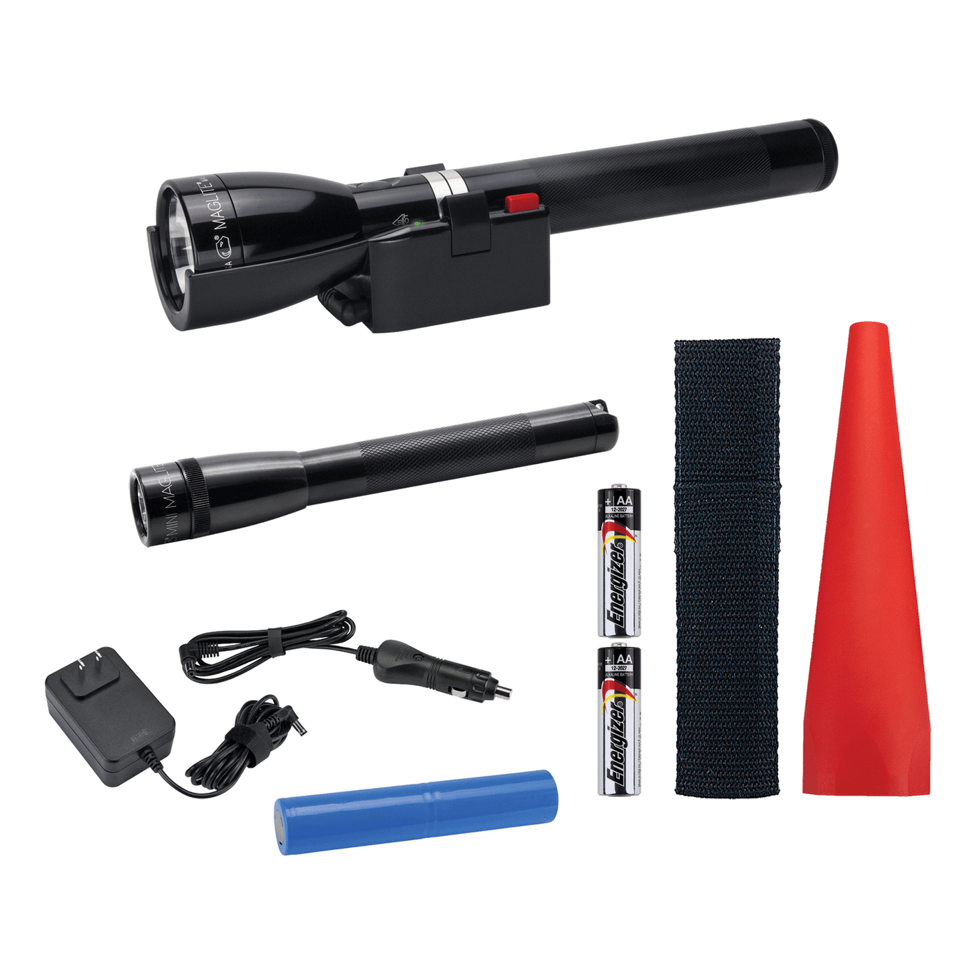 Maglite ML150LR rechargeable flashlight, charging cradle, battery, 120V and 12V converter, Mini Maglite® Pro AA LED flashlight NOW WITH NEW ECO MODE FEATURE, JUST TWO QUICK TWISTS TO ACTIVATE, AA batteries, AA holster, red safety wand for the ML150LR.