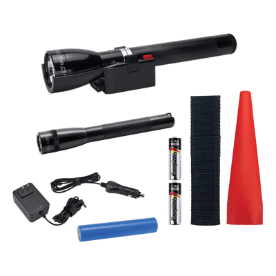 Maglite ML150LR rechargeable flashlight, charging cradle, battery, 120V and 12V converter, Mini Maglite® Pro AA LED flashlight NOW WITH NEW ECO MODE FEATURE, JUST TWO QUICK TWISTS TO ACTIVATE, AA batteries, AA holster, red safety wand for the ML150LR.