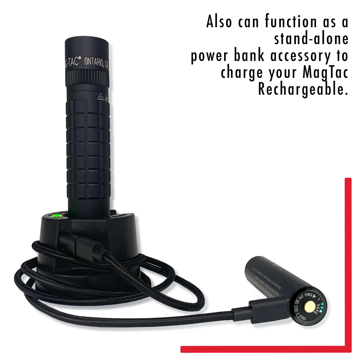 Black tactical flashlight with a detachable power bank accessory and USB charging cable.