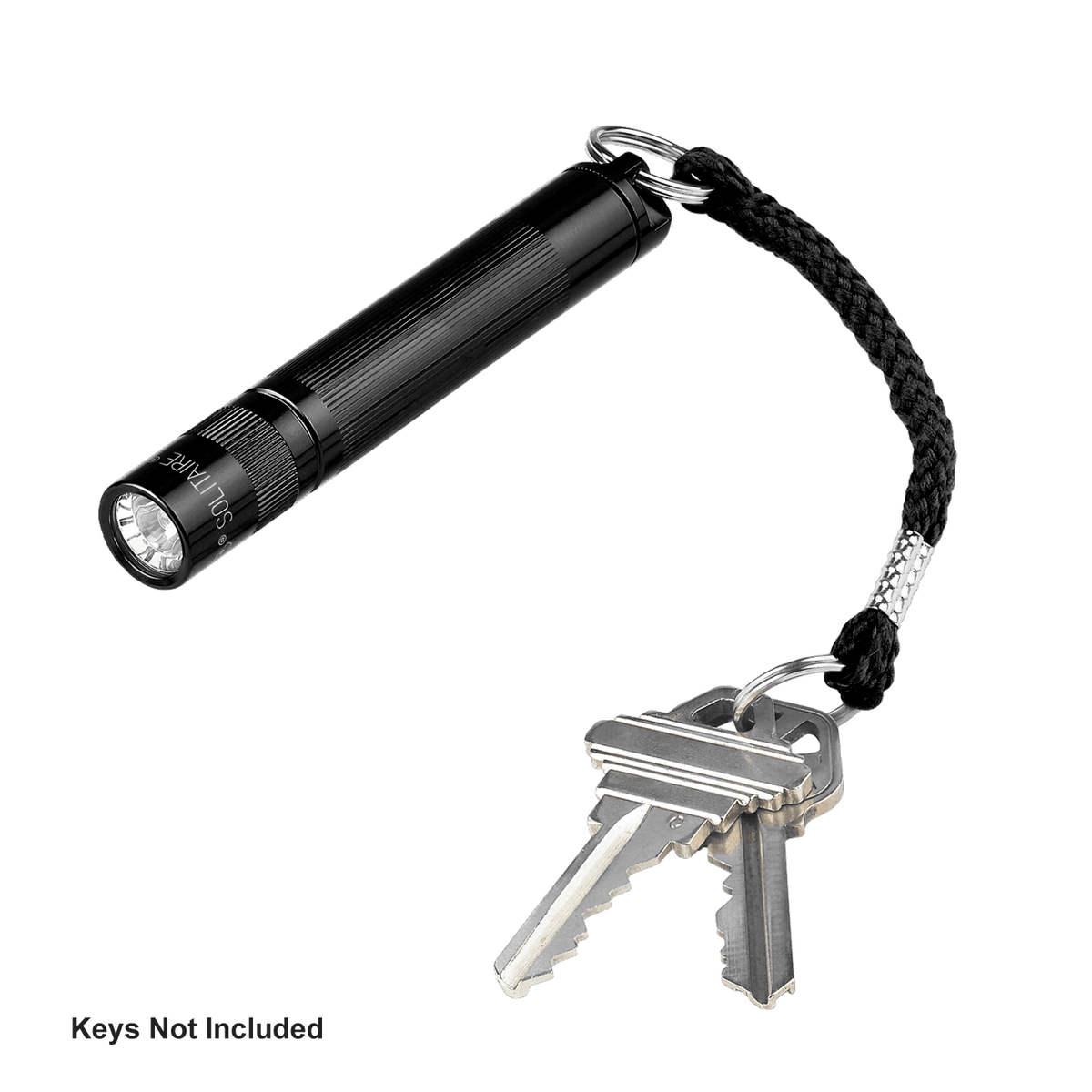 Slim black Maglite Solitaire flashlight with a key ring and braided cord