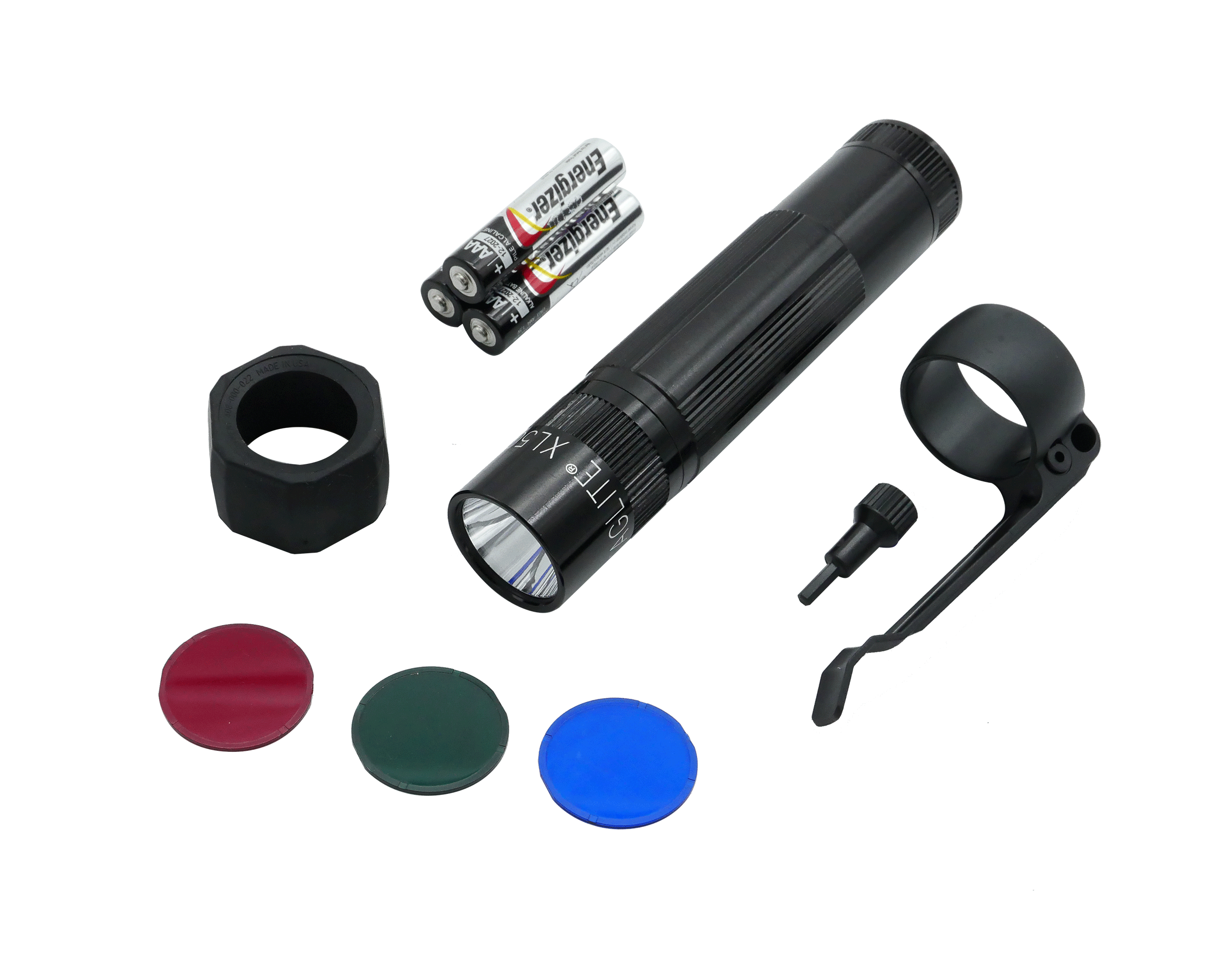 Maglite XL50 LED Pocket Flashlight withIncludes Anti Roll / Lens holder, Colored Lens set, Red, Green, & Blue, Pocket Clip, and Pocket Clip Tool. (3) Premium Alkaline Batteries.