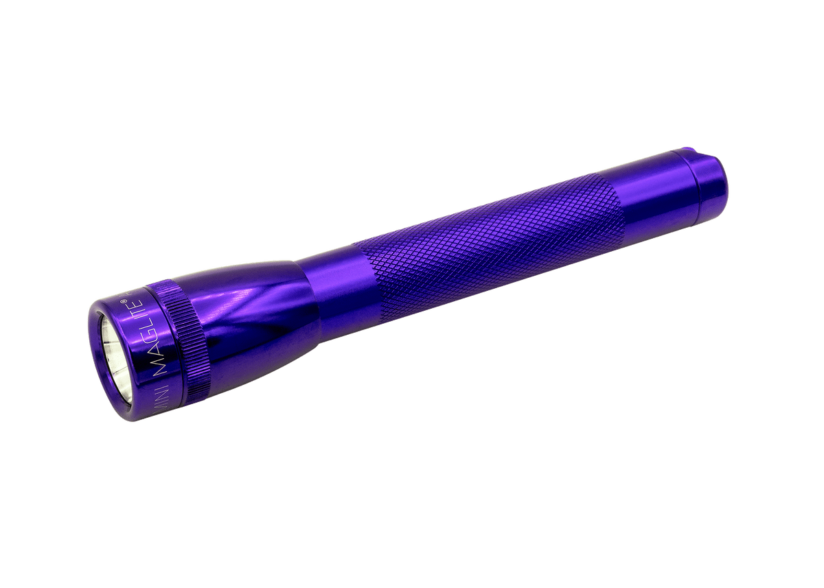 Purple B2B Mini Maglite Xenon 2AA flashlight with knurled grip shown at a diagonal angle.