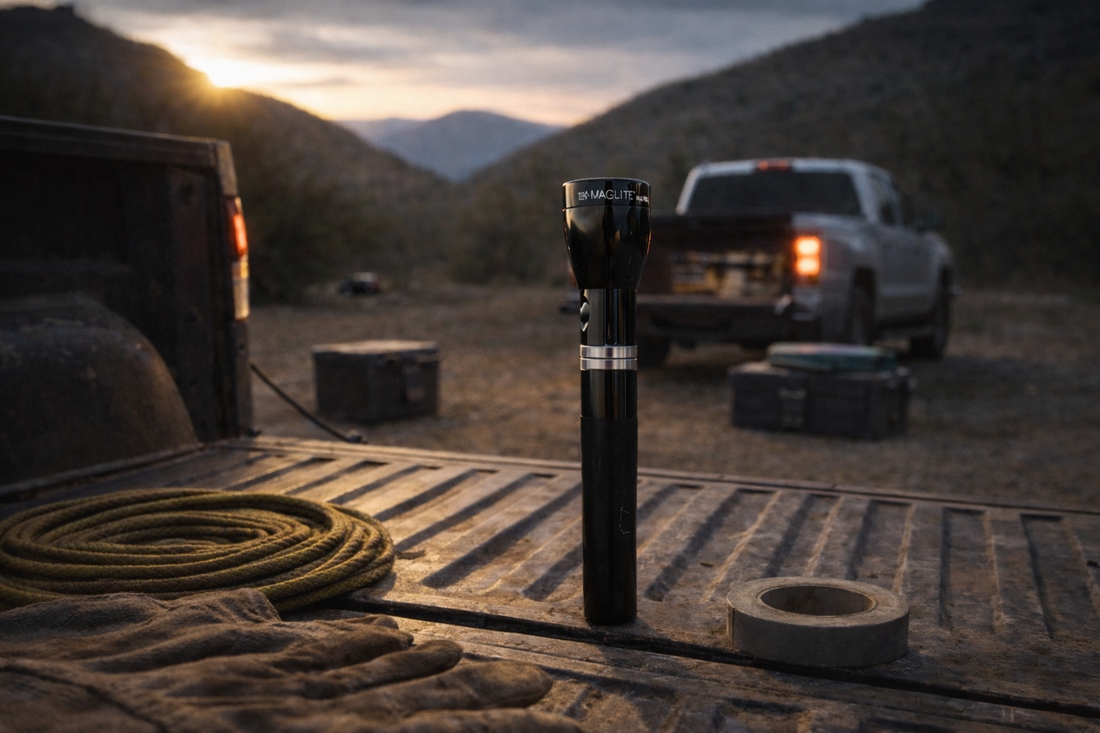 flashlight on truckbed at sunset
