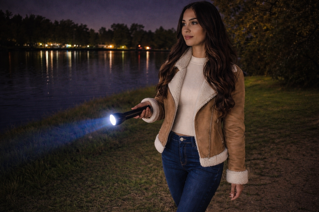 woman walking with flashlight in dark