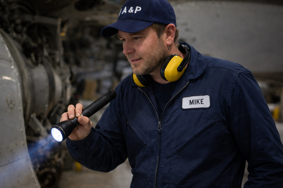 man inspecting machinery with flashlight