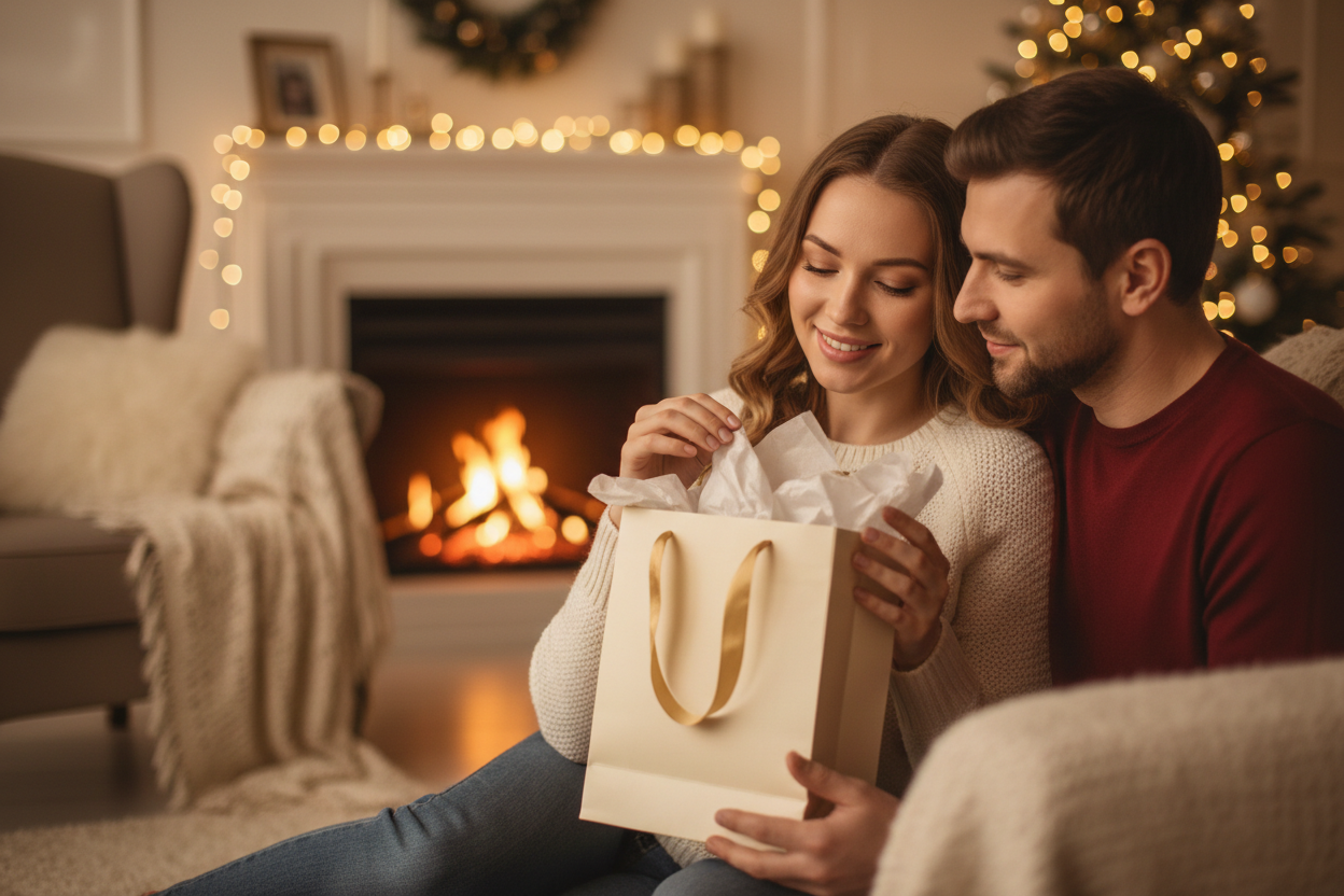 Husband giving gift to wife in front of fireplace