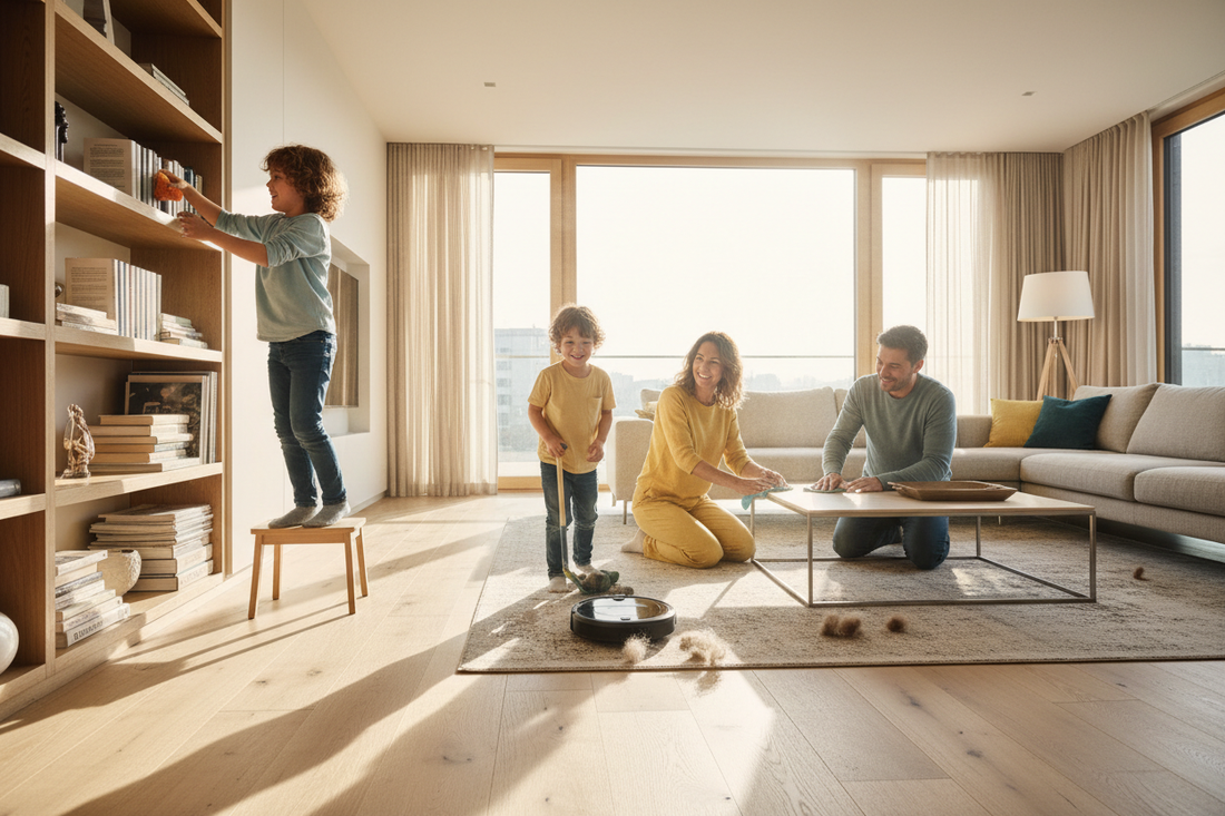 family cleaning house