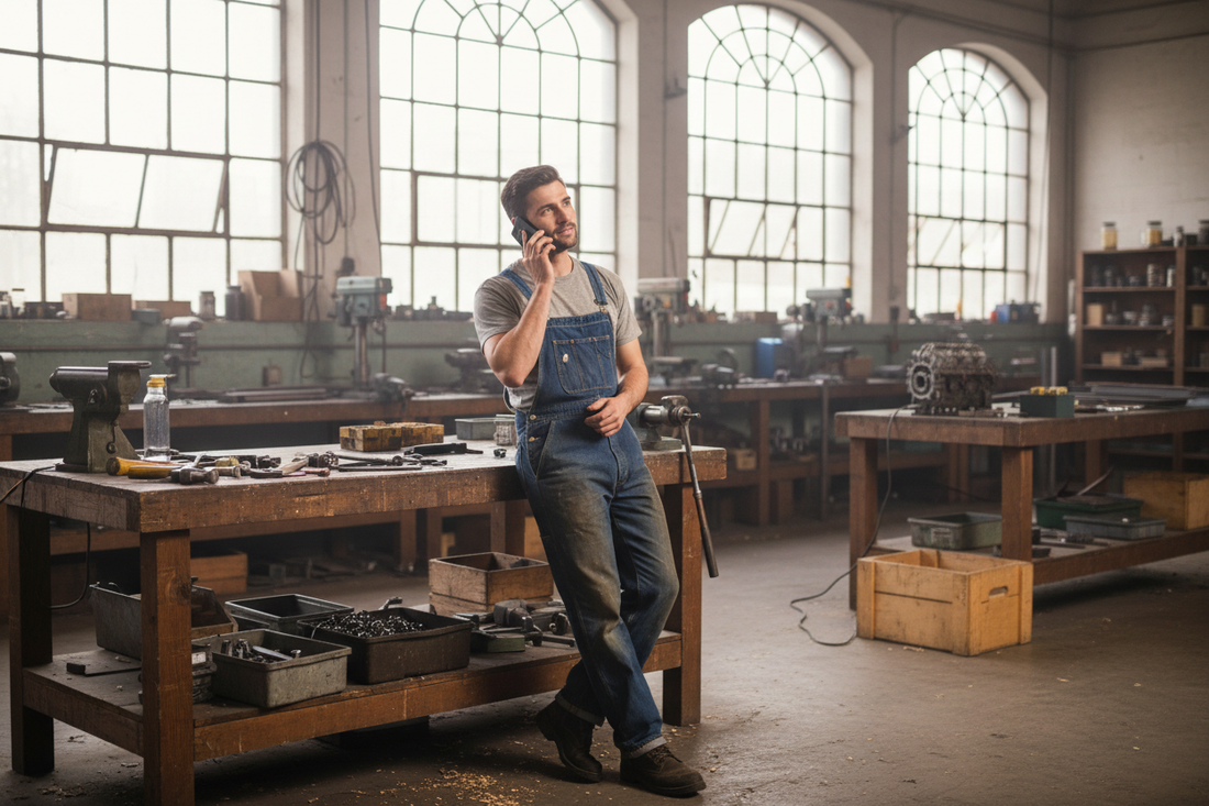 man on phone in workshop