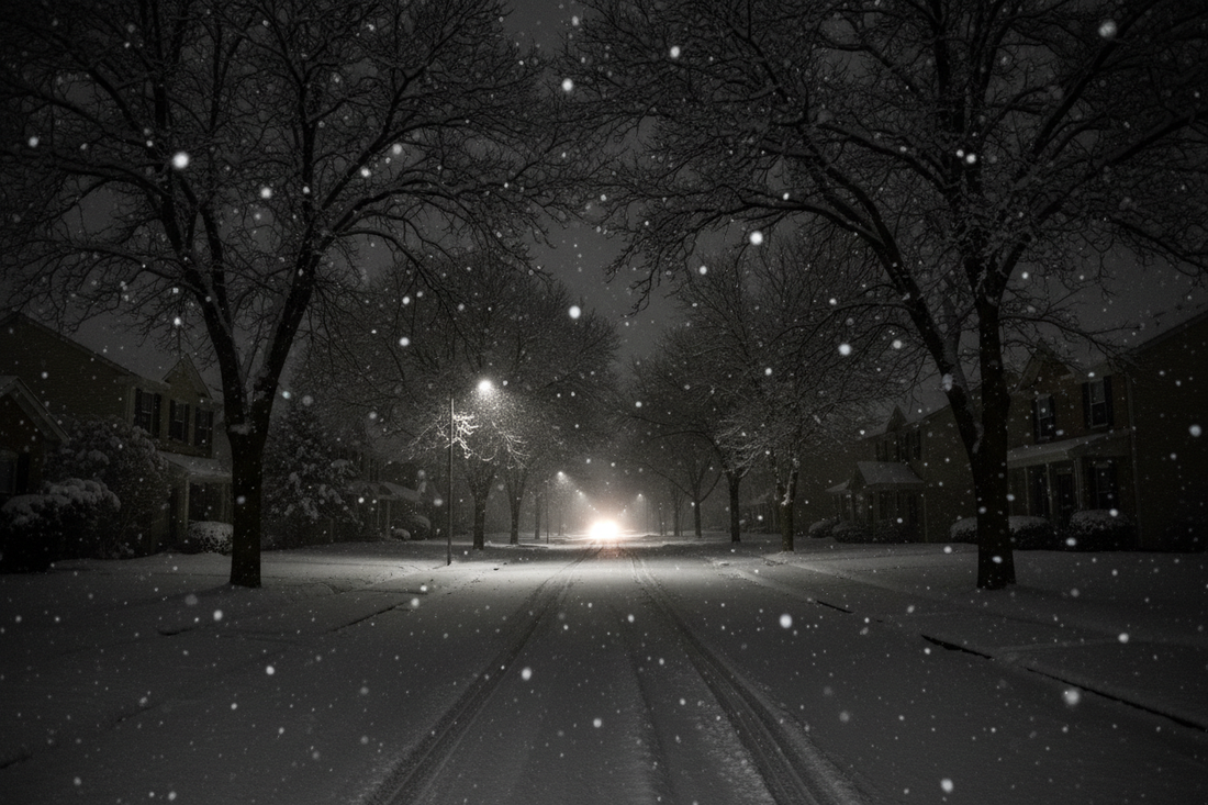 dark snowy neighborhood street