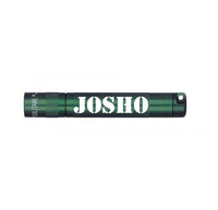 Dark green Solitaire LED key chain flashlight engraved with Josho.