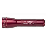 Red Mag-Lite ML25LT 2-Cell C flashlight with Never Give Up engraving