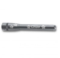 Gray Mini Maglite Pro LED flashlight with paw prints and engraving reading Cinder