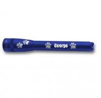 Blue Mini Maglite Pro LED flashlight with paw prints and the name George engraved along the body.