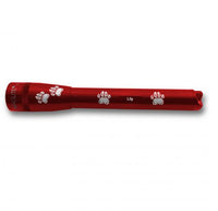 Red Mini Maglite Pro LED flashlight with paw prints and Lily engraved along the body.