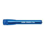 Blue Mini Maglite Pro LED flashlight with white engraving reading NJK USAFA 24