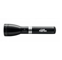 Glossy black ML150LRS rechargeable LED flashlight with a silver band and engraving area