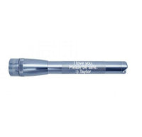 Gray Mini Maglite Pro LED flashlight with engraved message along the knurled body.