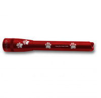 Red Mini Maglite Pro LED flashlight with paw print engravings and pet name engraving