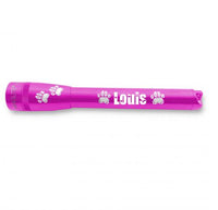Pink Mini Maglite Pro LED flashlight with Louis and paw print engravings