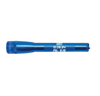 Blue Mini Maglite Pro LED flashlight with custom engraving showing date and time