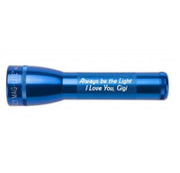 Blue ML25LT LED 2-Cell C flashlight with engraved message Always be the Light I Love You Gigi