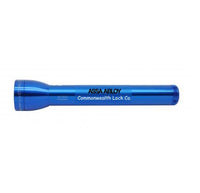 Blue ML300L LED 3-Cell D flashlight featuring ASSA ABLOY and Commonwealth Lock Co engraving on the shaft