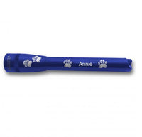 Blue Mini Maglite Pro LED flashlight with paw prints and personalized engraving