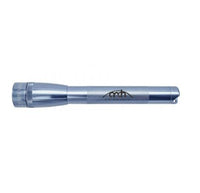 Gray Mini Maglite Pro LED flashlight with textured grip and custom engraving along the body.
