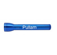 ML300L three cell D flashlight in blue with custom engraving, side view
