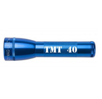 Blue LED two-cell C flashlight with TMT 40 engraving along the body