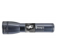ML25LT LED two cell C flashlight in gray with a wraparound panel showing a car photo and Young's engraving