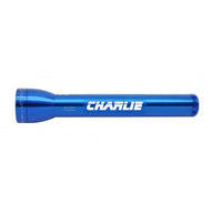 Blue ML300L LED 3-cell D flashlight with custom engraving featuring Charlie in bold white lettering.