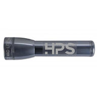 Gray ML25LT LED 2-cell C flashlight with custom engraving displaying HPS in large letters.