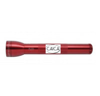 Red ML300L LED 3-Cell D flashlight with CAICA logo sticker on the midsection