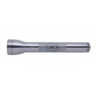 Silver ML300L LED 3-Cell D flashlight with CAICA logo on the body