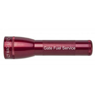 Red two-cell C flashlight with knurled body and Gate Fuel Service engraving
