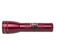Red ML25LT two cell C flashlight with J-Man-3 engraving and skull logo.